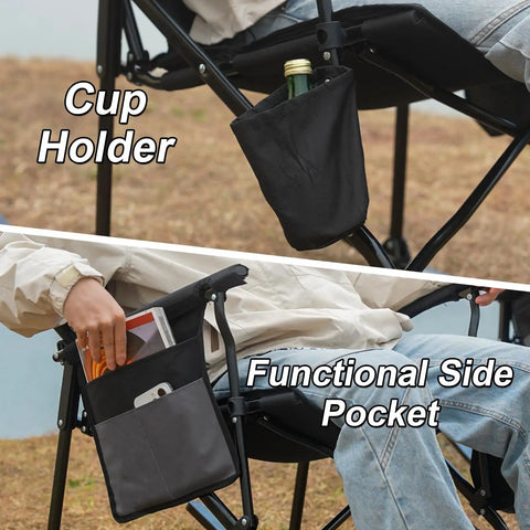 Two Pack High Back Portable Rocking Chairs With Hard Armrests For Outdoor Hangouts, Oversized Folding Camping Chairs, Heavy Duty 400 Lb Capacity Patio Lawn Chairs With Cup Holder And Magazine Pocket, showing cup holder and side pocket features.