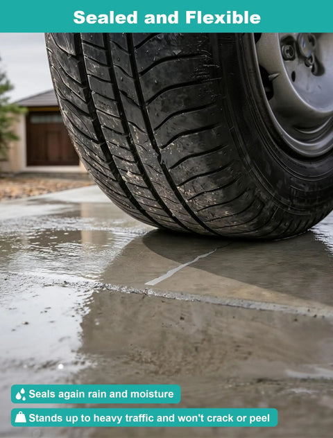 Heavy Duty Self Leveling Concrete Crack Filler For Driveways, Patios And Garages, Universal Cement Repair Sealant For Asphalt Brick Tile And Metal, All In One Masonry Patch With Super Grip Formula 4.4 Lb on sealed driveway under tire.