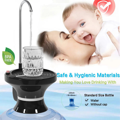 USB Rechargeable Automatic Water Dispenser Pump For 1 To 5 Gallon Jugs with stainless steel intake and glass of water