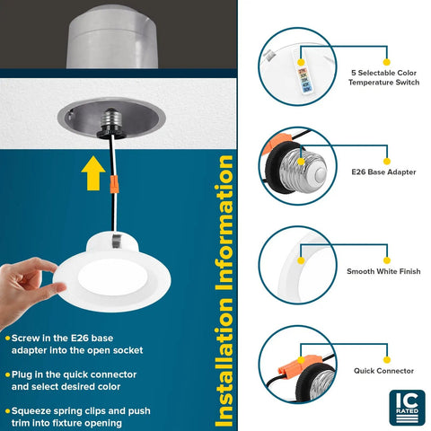 Installation of 4 Inch LED Recessed Can Lights, Dimmable, Wet Rated, IC Rated, 750 Lumen Output, 10W Equals 60W, 5 Color Temperatures