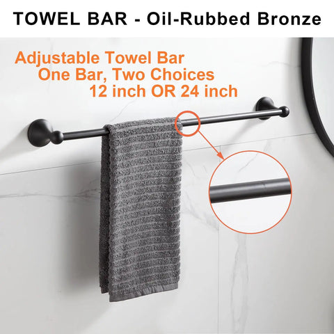 Oil Rubbed Bronze Adjustable Expandable Towel Bar 4 Piece Bathroom Hardware Set with wall mounted adjustable towel bar detail