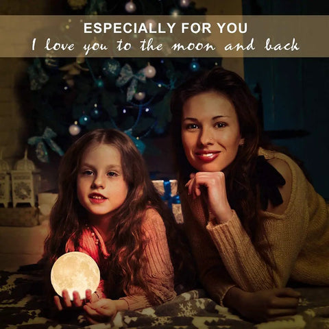 Child holding Moon Lamp LED Night Light 3D Printed With Wood Base Dual Color Touch Dimmer 4.7 Inch Nightstand Decor