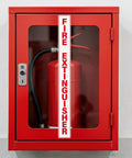 Red fire extinguisher in a cabinet with five pack fire extinguisher signs 20x2 inches self adhesive waterproof vinyl decals shown installed.