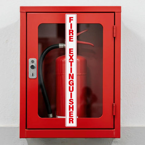Red fire extinguisher in a cabinet with five pack fire extinguisher signs 20x2 inches self adhesive waterproof vinyl decals shown installed.