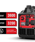 Side view of a 3600 Watt Portable Inverter Generator With Quiet Operation, featuring control panel and power indicators for camping use.