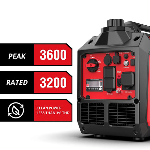 Side view of a 3600 Watt Portable Inverter Generator With Quiet Operation, featuring control panel and power indicators for camping use.