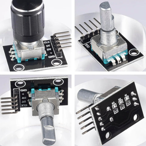 KY-040 360 Degree Rotary Encoder Module With Knob Cap Pack Of Four For Arduino showing front and back, 5V, 20 pulses per revolution