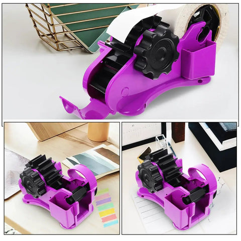 Heavy Duty Semi Automatic Packing Tape Dispenser Smooth Operator Design With Nifty Dual Cutting Station, purple color, on desk with papers.