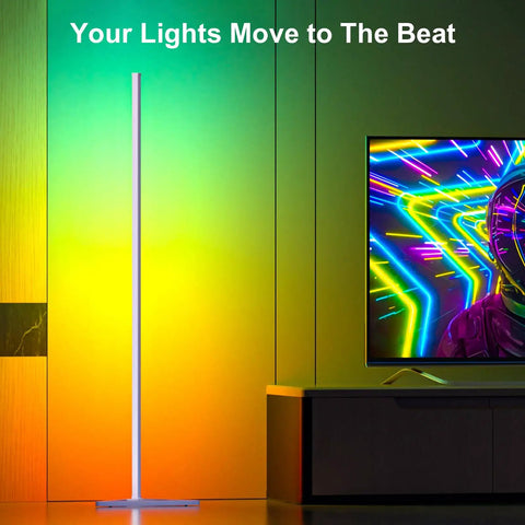 Smart RGB Corner Floor Lamp With App And Remote, 16 Million Colors, next to a TV with vibrant LED display in a modern living room.