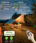 All In One Solar Camping Lantern And String Lights With 150 Warm White LEDs illuminating a tent at night, remote in hand