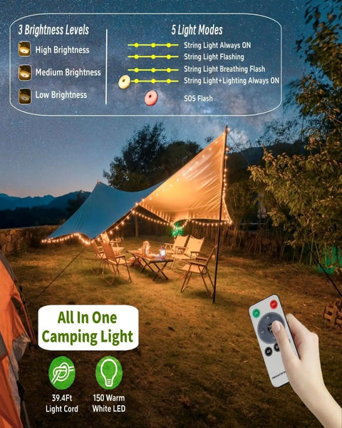 All In One Solar Camping Lantern And String Lights With 150 Warm White LEDs illuminating a tent at night, remote in hand