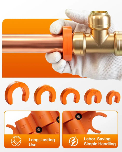 Slick 17 Piece Plumbing Kit With Depth Gauge And Pipe Deburring Tool For Sharkbite Push Fit Fittings Including Steel Blades For Copper Pvc Pex Cpvc Making Pipe Jobs No Sweat, showing a hand holding a copper pipe with orange collars.