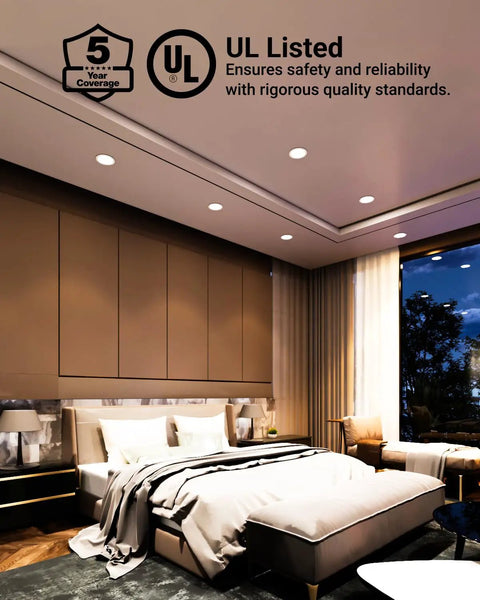 Bedroom with Six Pack 6 Inch Recessed Lighting Housing For New Construction Air Tight IC Rated Hardwired UL Title 24 Compliant