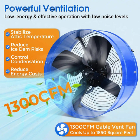 Powerful 1300 CFM Attic Exhaust Fan With Thermostat For Large Spaces Up To 1850 Sq Ft, 15 Inch Gable Vent Fan, shown in blue