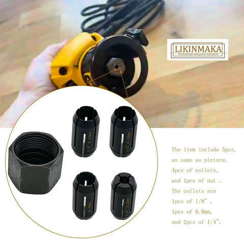 Cut Out Tool Collet Chuck Set, Five Pack With Four Collets And Nut, Fits DW660 Palm Router, includes 1/8 in, 6.0 mm, 1/4 in collets