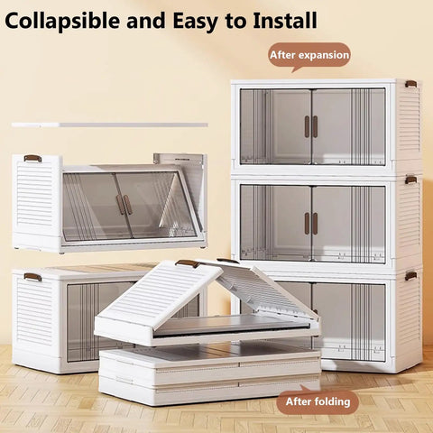 Slick Collapsible Storage Bins With Lids 5 Pack Plastic Boxes displayed in expanded and folded states for home organization.