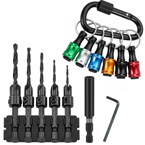 13 Piece Countersink Drill Bit Set With One Quarter Inch Hex Shank And Magnetic Extension Bit Holder For Woodworking.