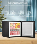 One Point One Cubic Foot Compact Countertop Mini Freezer Built For Tiny Dorm Kitchens Home Offices And Campers Hella Easy Plug And Play Real Deal Frozen Food Storage with open door showcasing fruits and drinks.