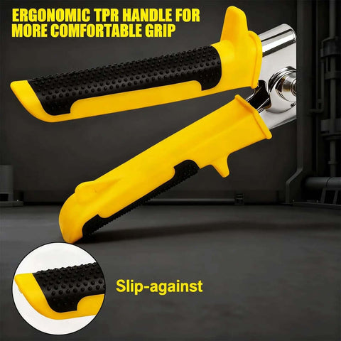 Close-up of the yellow non-slip handle on the Heavy Duty Sheet Metal Hand Seamer Built Tough With 6 Inch Jaw Sheet Metal Bender