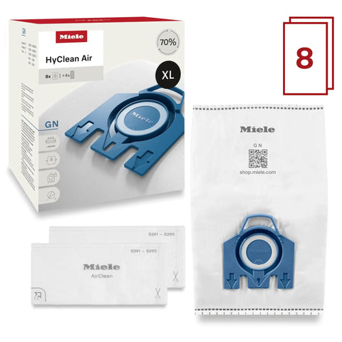 AirClean 3D Efficiency Dust Bags Type GN XL Value Pack Includes 8 Dust Bags And 4 Filters For Vacuum Cleaners With Auto Closure And High Capacity Plus Go To Convenience For Easy Low Power Cleaning, shown with packaging and dust bags.