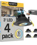 Black 3 Inch LED Gimbal Recessed Lights With 5CCT 2700K To 5000K Selectable, 8W 600 Lumens, IC Rated, Wet Rated, Dimmable Canless Eyeball Recessed Lighting, 120V, 4 Pack box with light and accessories
