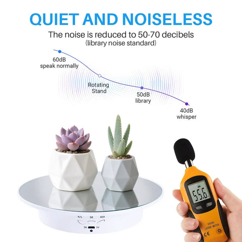 Hassle Free Rotating Display Turntable Stand For Jewelry And Watches 7.87 Inch White platform with potted plants, measuring sound levels.