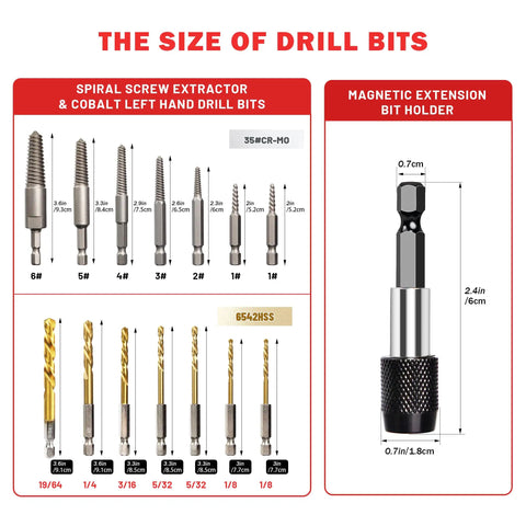 15 Piece Stripped Screw Extractor Set With Left Hand Drill Bits HSS Steel No Sweat Easy Out Kit sizes and extension holder