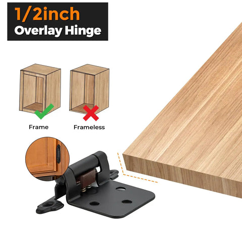 Straight Shooter Matte Black Cabinet Hinges With One Half Inch Full Overlay And Ten Pack Including Screws And Door Bumpers For Dead Quiet Closing On Kitchen Cabinets And Drawers with diagram for frame type.