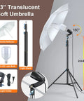 AM169 Photo And Video Studio Light Kit With 3 Backdrops Black White Green Including Two 24x24 Softbox Reflectors With White Diffuser And Two 33 Inch White Umbrellas For Soft Even Studio Lighting And Easy Setup showing 33 inch translucent soft umbrella on adjustable stand