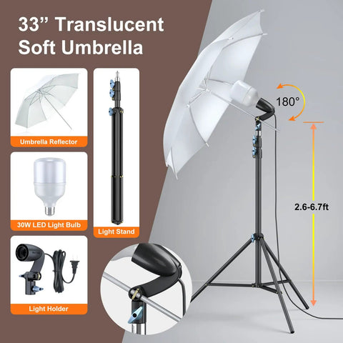 AM169 Photo And Video Studio Light Kit With 3 Backdrops Black White Green Including Two 24x24 Softbox Reflectors With White Diffuser And Two 33 Inch White Umbrellas For Soft Even Studio Lighting And Easy Setup showing 33 inch translucent soft umbrella on adjustable stand