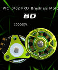 Close-up of VCI 0702 30000KV Brushless Motors Pack For 65Mm FPV Whoop Drones, showcasing green motor with dynamic balance.