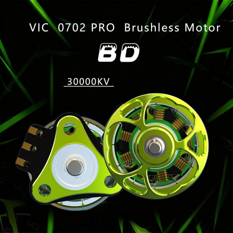 Close-up of VCI 0702 30000KV Brushless Motors Pack For 65Mm FPV Whoop Drones, showcasing green motor with dynamic balance.