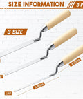 Pro Grade Three Piece Tuck Pointing Trowel Set with Wood Handle for Mortar Repair, showing 0.25, 0.375, 0.5 inch blades.