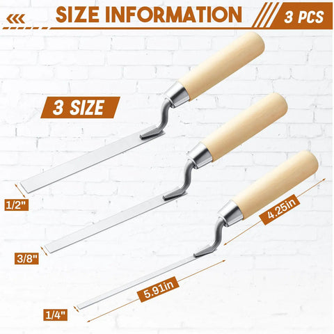 Pro Grade Three Piece Tuck Pointing Trowel Set with Wood Handle for Mortar Repair, showing 0.25, 0.375, 0.5 inch blades.