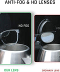 Safety glasses with anti-fog lenses; transparent plastic frame shown in a dual-panel comparison (no fog vs foggy lens)