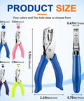 Four Piece Mini Hole Punch Kit With Comfy Soft Grip Handles 1/4 And 1/8 Inch Sizes in blue, pink, purple, green showing size and colors.