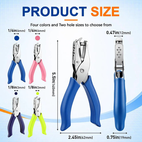 Four Piece Mini Hole Punch Kit With Comfy Soft Grip Handles 1/4 And 1/8 Inch Sizes in blue, pink, purple, green showing size and colors.