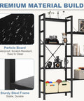 Triple Column 4 Tier Bookshelf With Adjustable Shelves, Wide Convertible Display Unit, showing black particle board and steel frame.