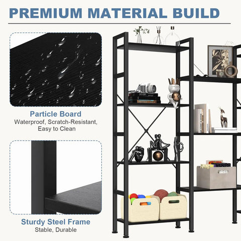 Triple Column 4 Tier Bookshelf With Adjustable Shelves, Wide Convertible Display Unit, showing black particle board and steel frame.