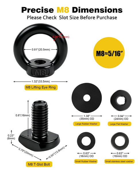 T Track Mount Tie Down Anchor For Roof Rack And Truck Bed, Heavy Duty M8 Stainless Steel Ring Eye Bolt dimensions and components