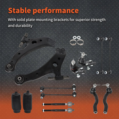 14 Piece Front Lower Control Arm Suspension Replacement Kit For Toyota Camry 2007 2011 USA Built Models Only Includes Front Lower Arms Bushings Ball Joints And Hardware For Quick Easy Install black components displayed on patterned background