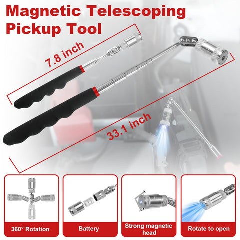Seventeen Pcs Hook And Pick Tool Set With Scraper For Auto Clip Removal Pliers And Fastener Remover Rivet Puller Car Trim Removal Kit with telescoping magnetic pickup tool, 7.8 and 33.1 inch sizes, heavy duty for auto repair.