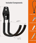 Straight Up Solid Heavy Duty J Hook EV Charger Holder Wall Mount showing dimensions and included components for cord organization.