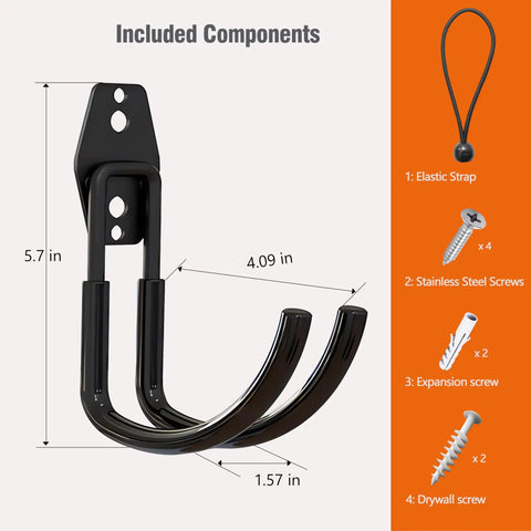 Straight Up Solid Heavy Duty J Hook EV Charger Holder Wall Mount showing dimensions and included components for cord organization.