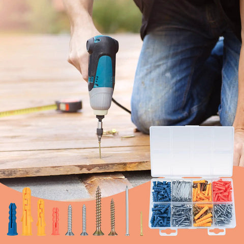 Must Have Wall Anchors And Screws Kit For Home DIY Projects Includes Drywall Anchors Flat Head Self Tapping Screws Plastic Expansion Plugs Wood Screws Nails 360 Pcs Assortment For Quick Mounting And Repairs shown with storage case and tools.