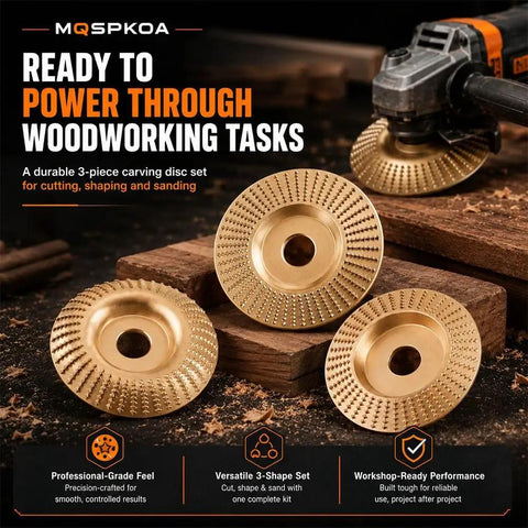 Beefy Tungsten Carbide Wood Carving Discs Set For 4 Inch And 4.5 Inch Grinders With Flat Beveled And Curved Surfaces Display