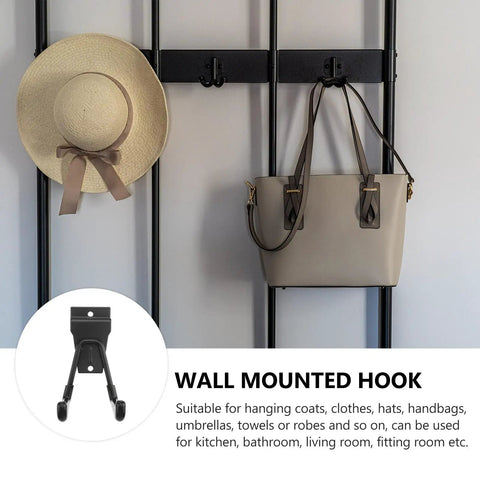 Rock Solid Black Metal Wall Hooks For Bags And Hats With Heavy Duty Mount, supporting a hat and handbag.