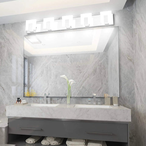 Five Light Dope Modern LED Bathroom Vanity Light Up And Down Wall Fixture In Acrylic And Stainless Steel Chrome Finish Over Mirror