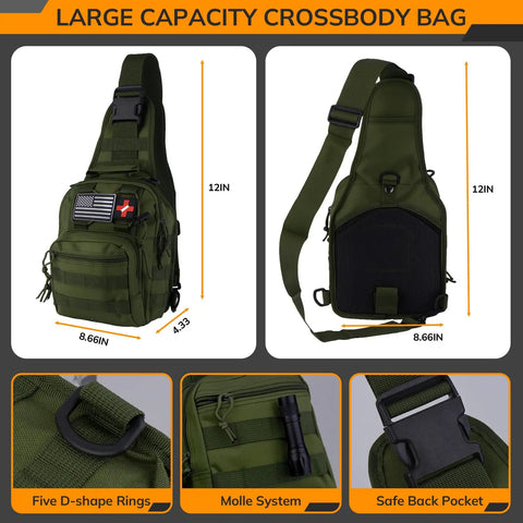 All In One 250 In 1 Survival Kit With First Aid And Trauma Gear, tactical tools, green Molle crossbody bag, front and side view