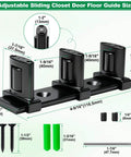 Three Roller Adjustable Sliding Closet Door Floor Guide Kit Black No-Squeak Glide For Bypass Double Bypass And Barn Doors Bottom-Mount Floor Guide With Independent Roller Adjustment For Different Door Thickness, black metal construction with three rollers and mounting hardware.